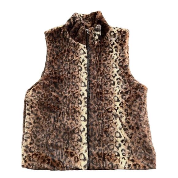 Cejon Brown Leopard Animal Print Faux Fur Sleeveless Zip Vest Jacket Women Sz M - Picture 7 of 14